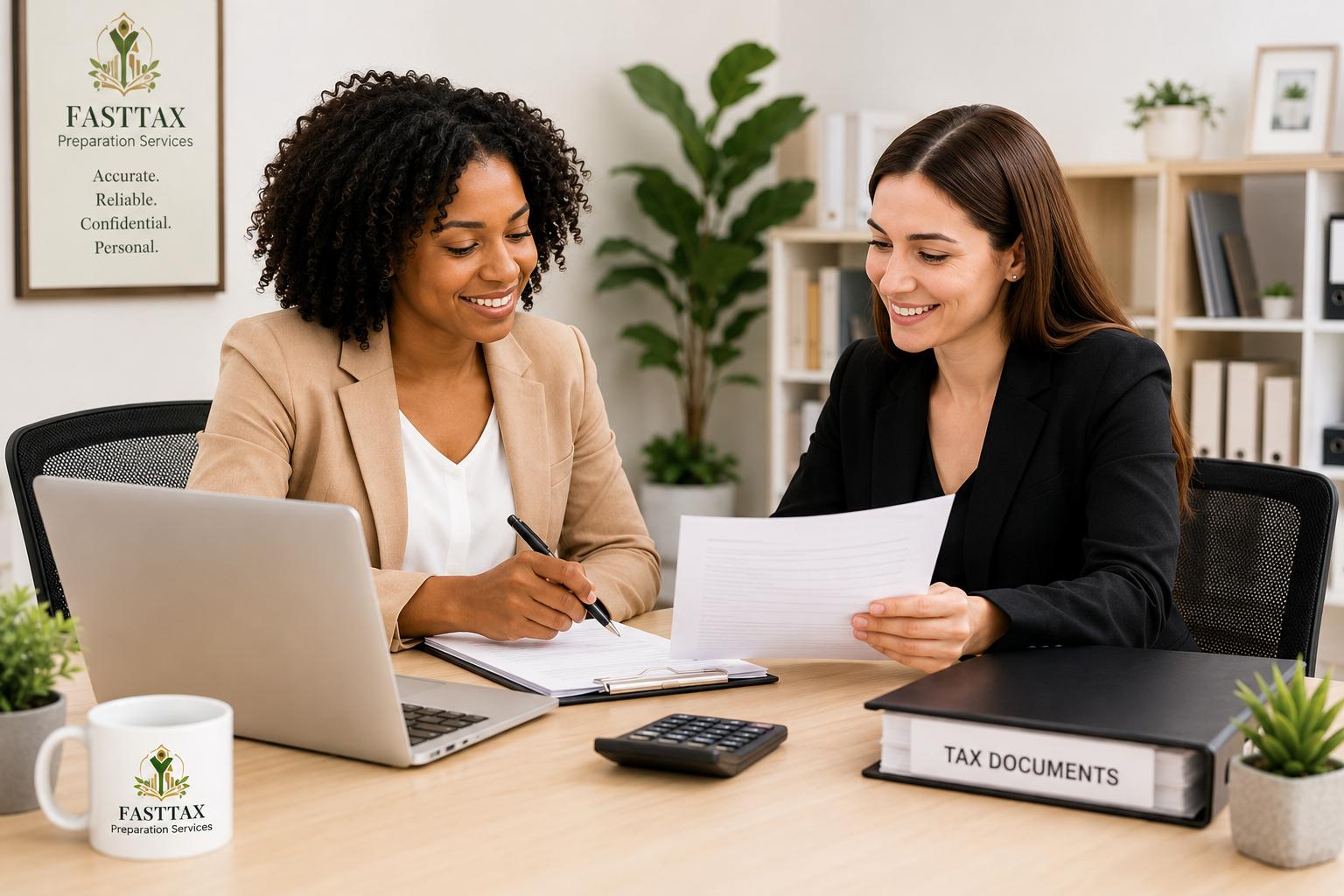 Two FASTTAX professionals reviewing tax documents in an office